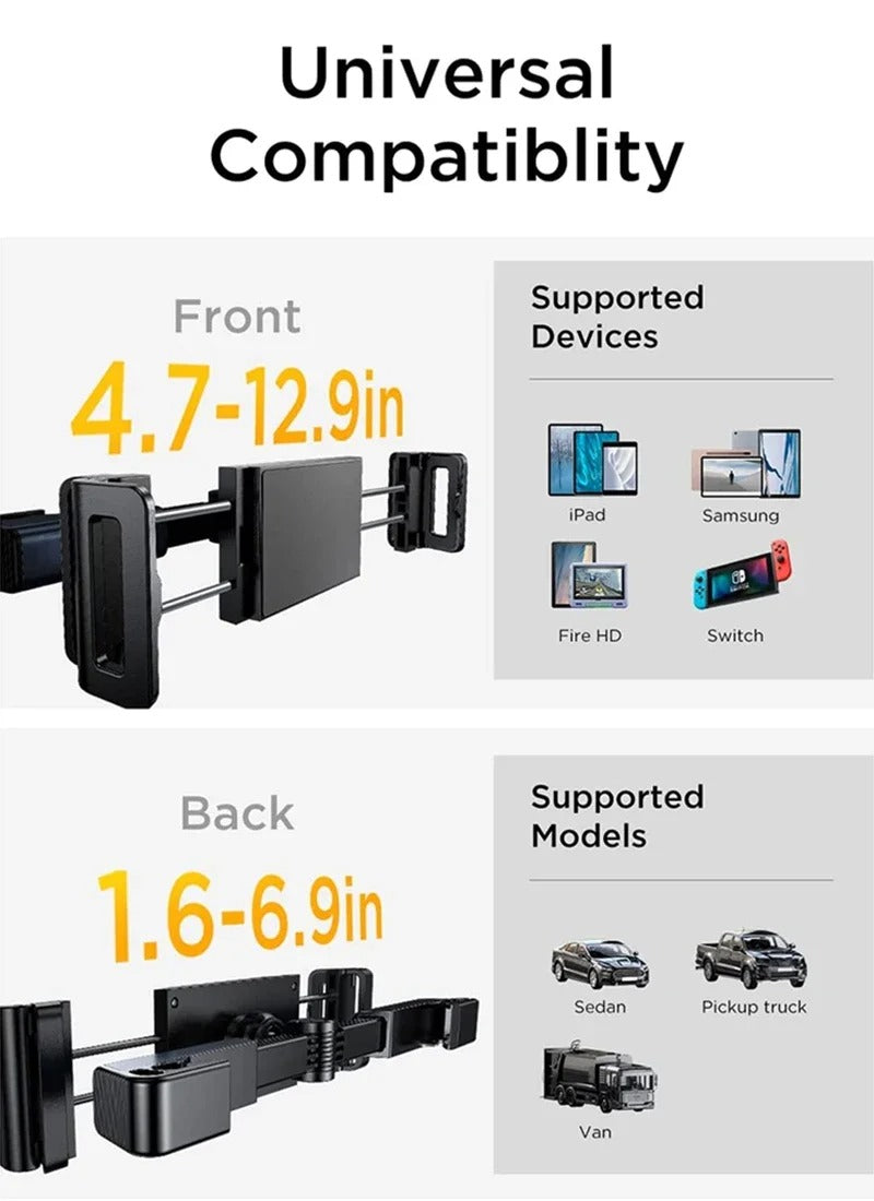 Adjustable Car Headrest Tablet & Phone Holder – 360° Rotating Back Seat Mount for 4.7–12.9” Devices, Shockproof and Foldable Travel Stand
