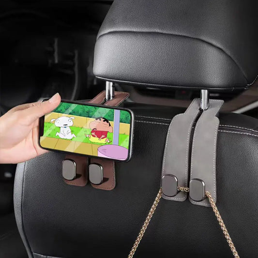 2-in-1 Car Seat Headrest Hook & Phone Holder – Premium Metal + Leather Design for Bags, Purses & Backpacks