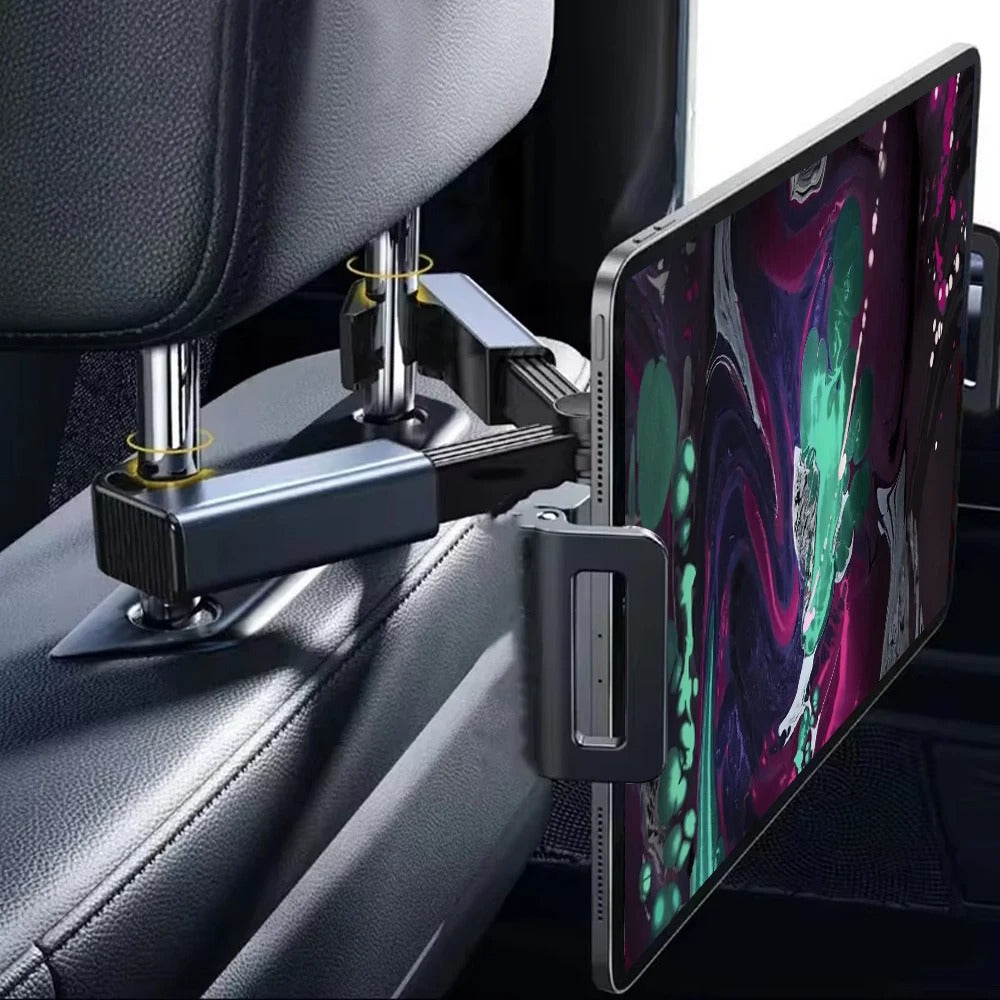 Adjustable Car Headrest Tablet & Phone Holder – 360° Rotating Back Seat Mount for 4.7–12.9” Devices, Shockproof and Foldable Travel Stand