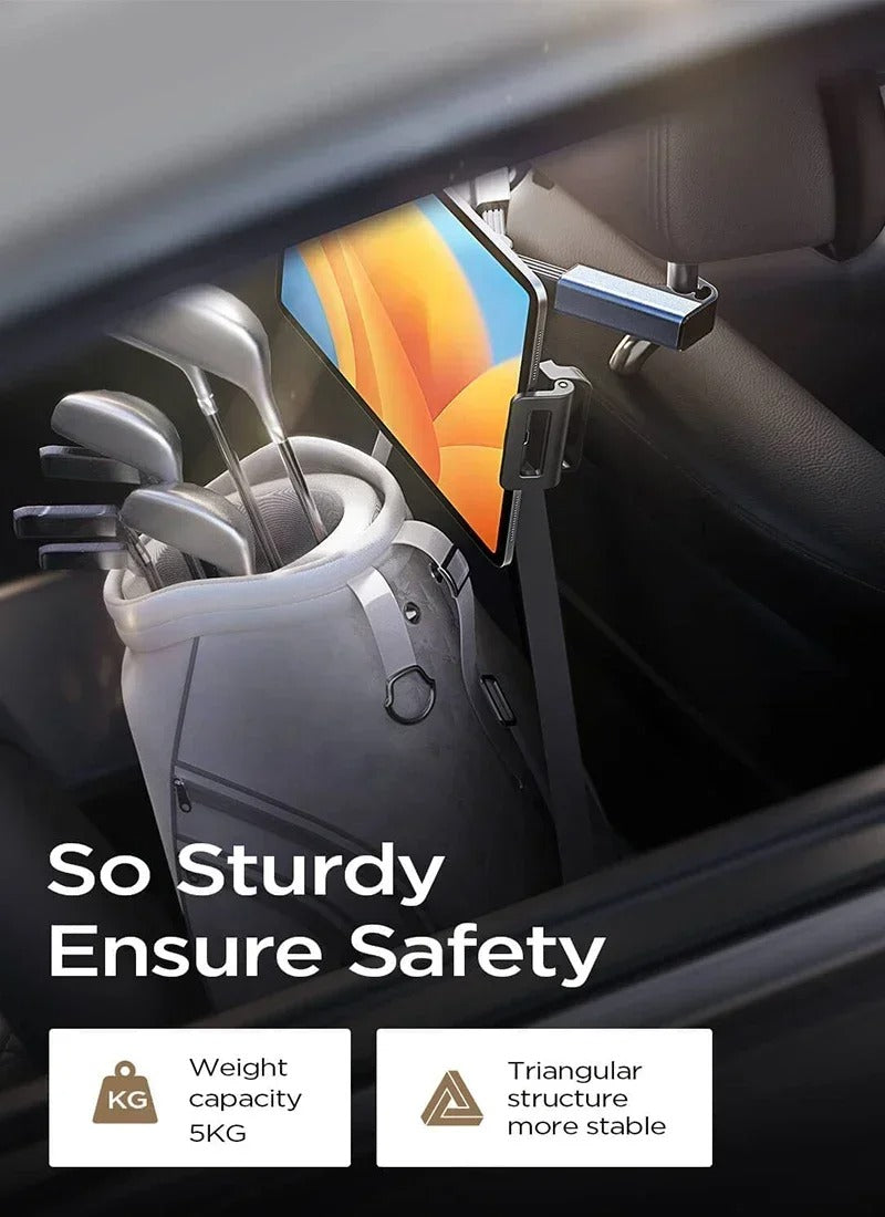 Adjustable Car Headrest Tablet & Phone Holder – 360° Rotating Back Seat Mount for 4.7–12.9” Devices, Shockproof and Foldable Travel Stand