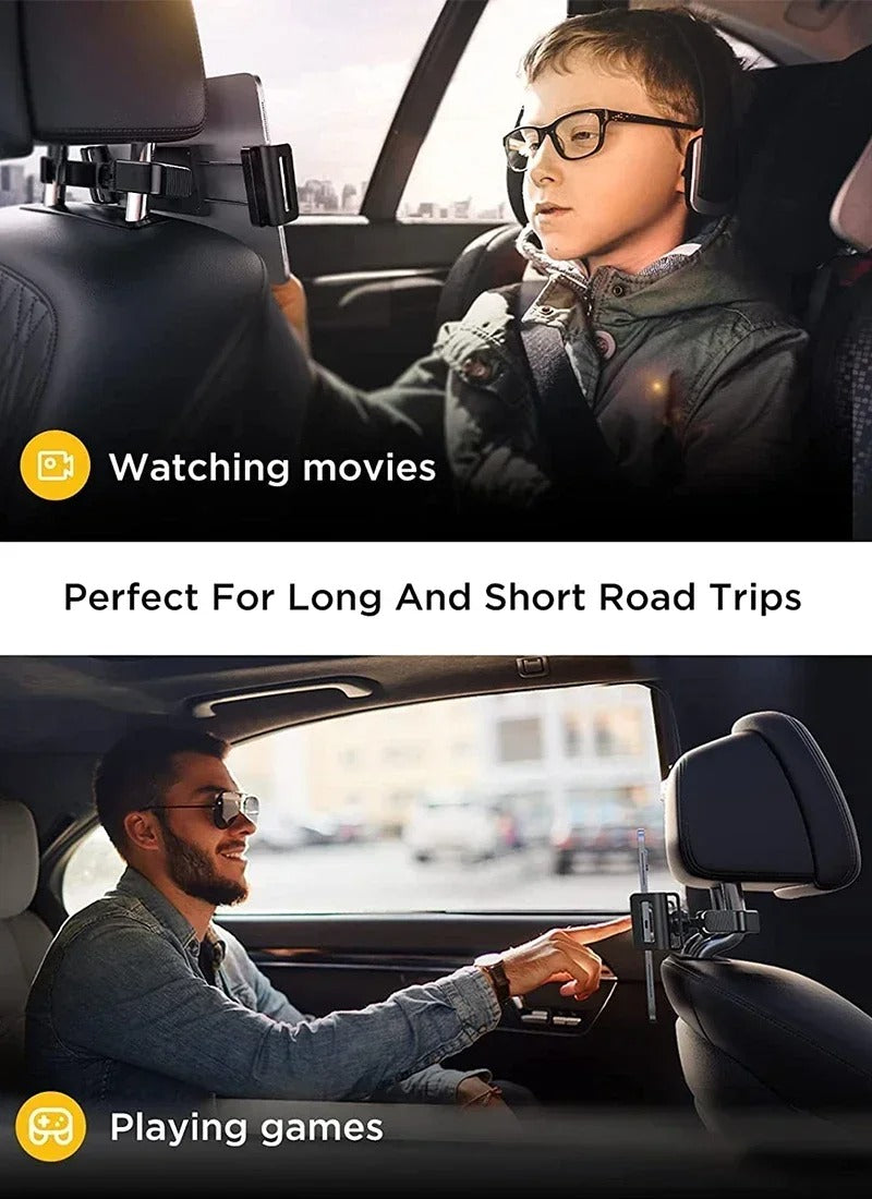 Adjustable Car Headrest Tablet & Phone Holder – 360° Rotating Back Seat Mount for 4.7–12.9” Devices, Shockproof and Foldable Travel Stand