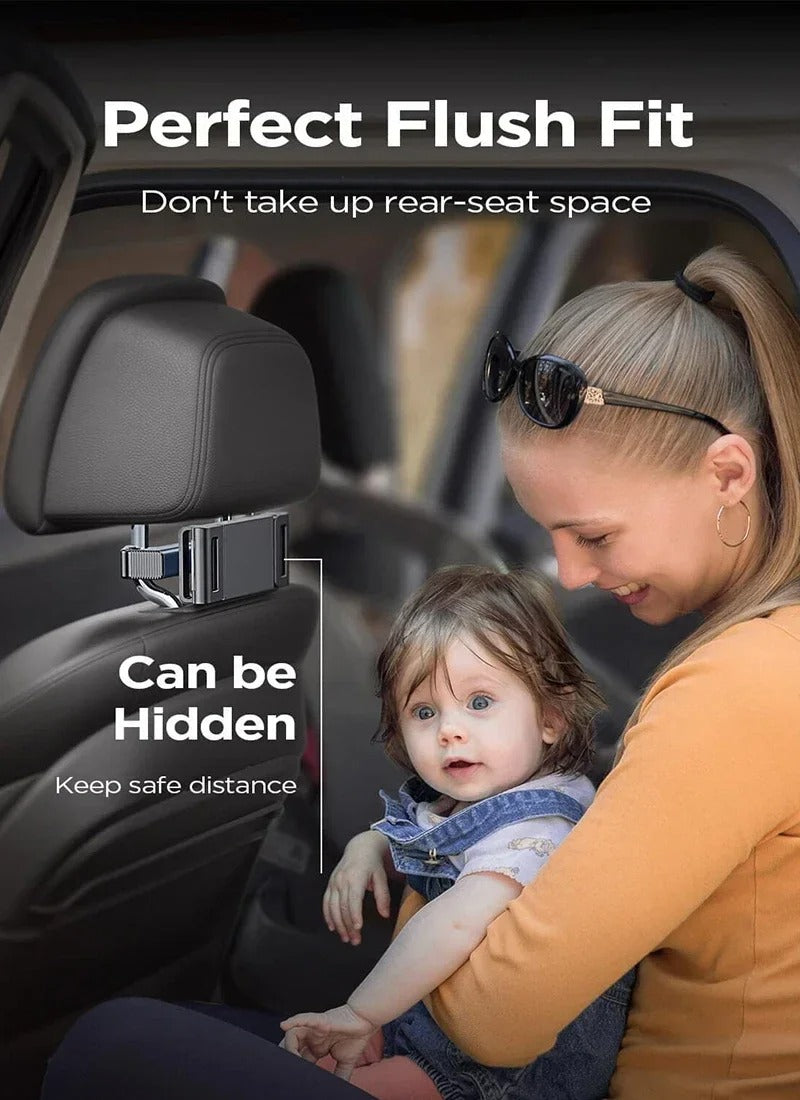 Adjustable Car Headrest Tablet & Phone Holder – 360° Rotating Back Seat Mount for 4.7–12.9” Devices, Shockproof and Foldable Travel Stand